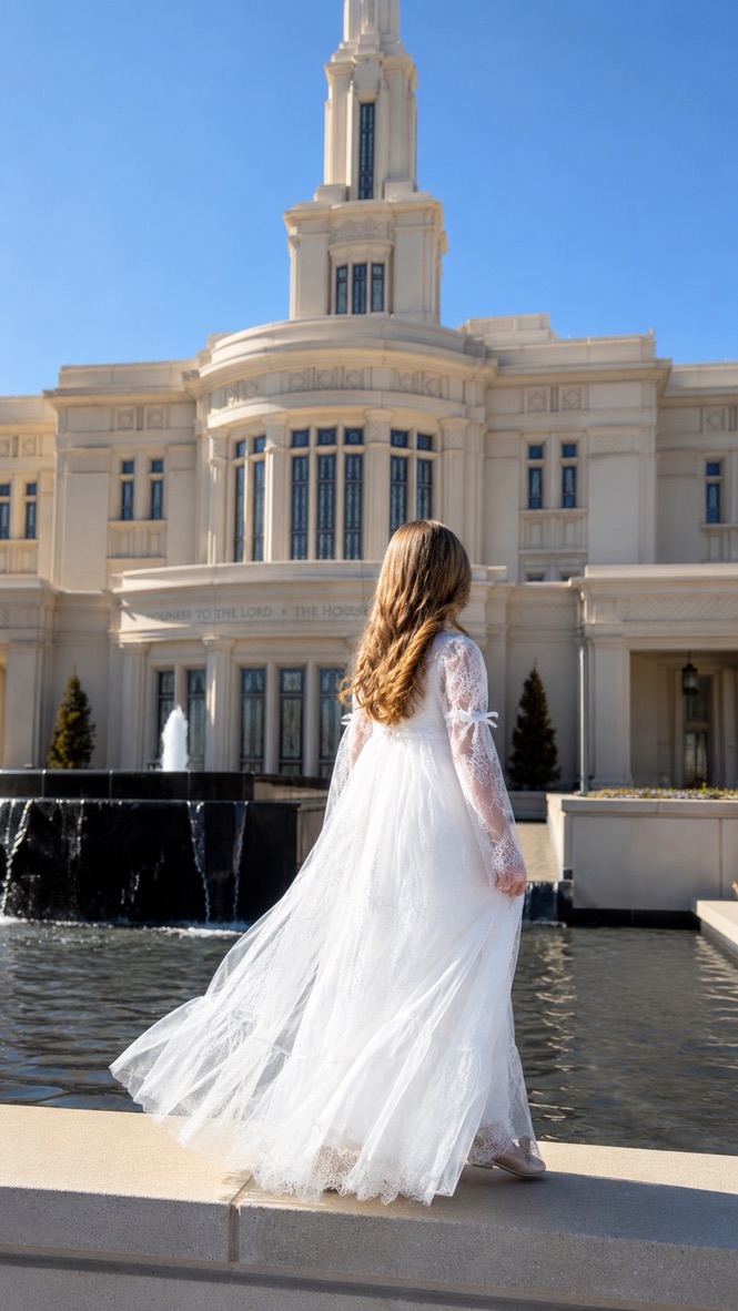 Child in white dress standing near a temple fountain