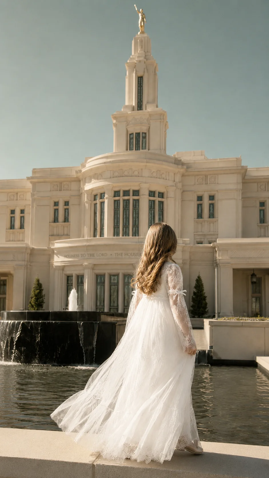 Child in white dress standing near a temple fountain