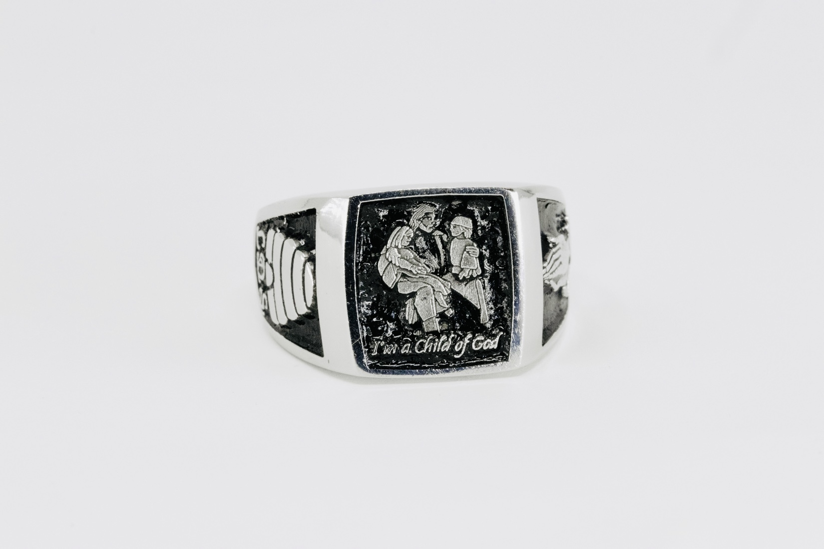 Child of God metal signet ring with black recessed engraving