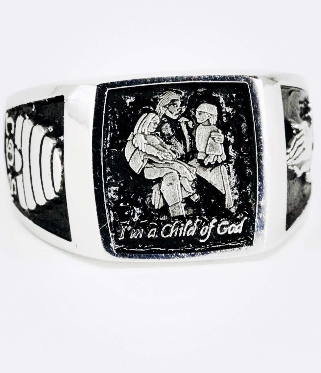 Child of God silver signet ring with black recessed engraving
