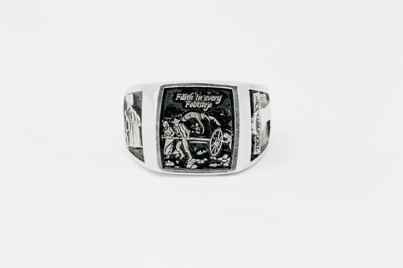 Faith in Every Footstep metal signet ring with black recessed engraving