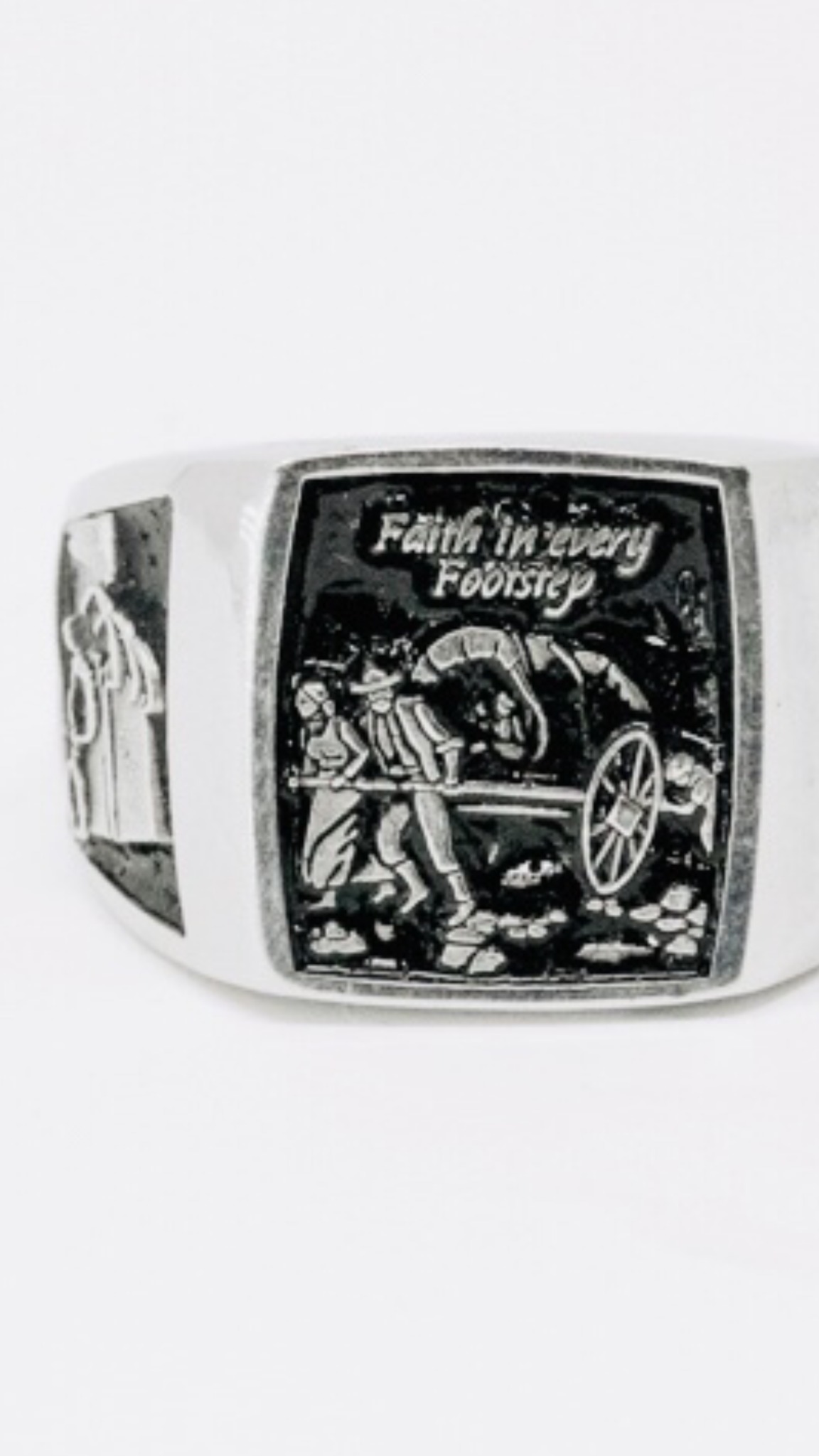 Faith in Every Footstep silver signet ring with black recessed engraving